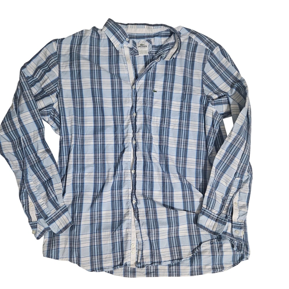 Lacoste Mens Size 45 Regular Fit Plaid Long Sleeve Button Down Shirt Blue White
